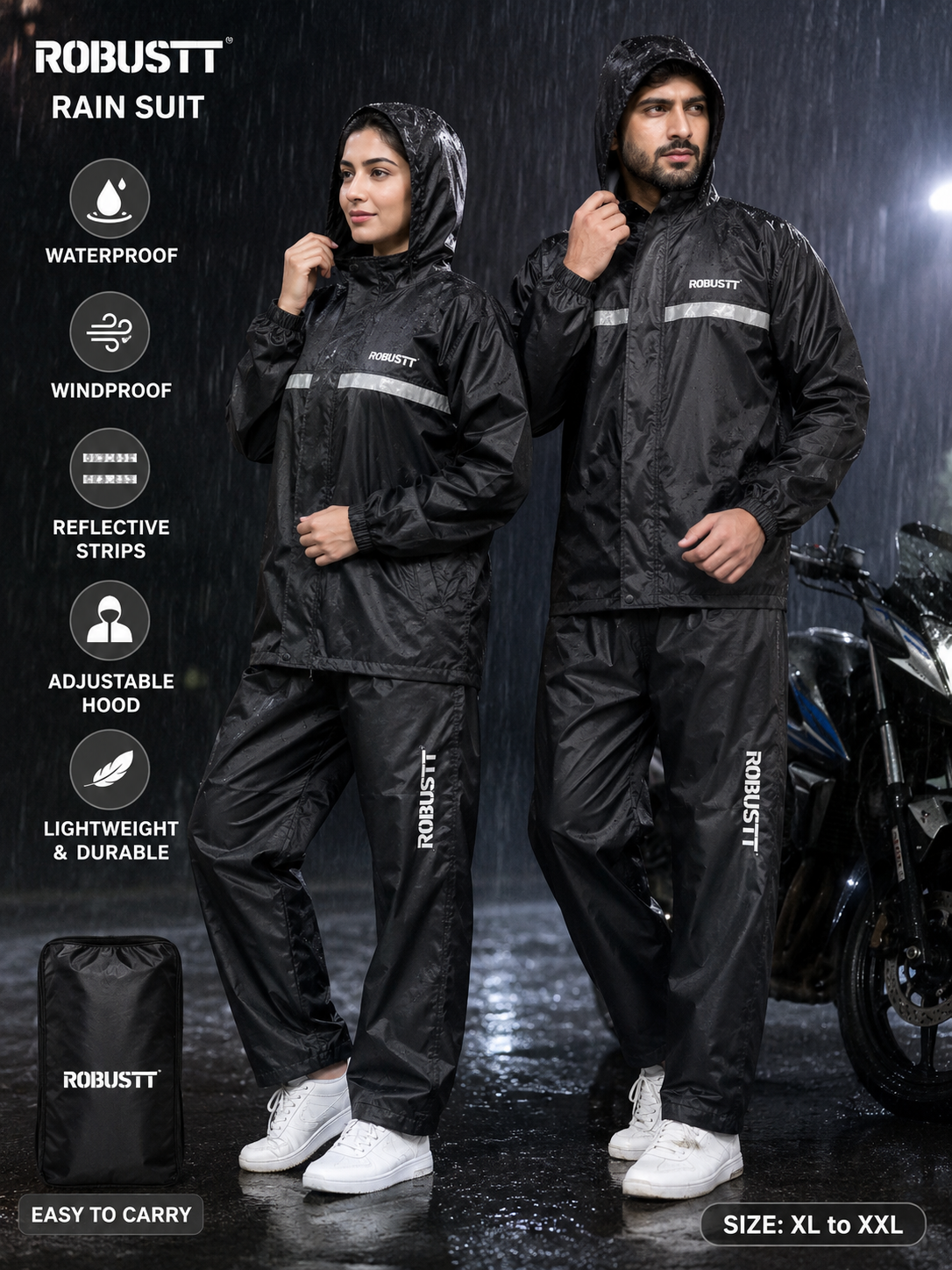 Robustt Oxford Rain Suit for Men & Women (XL-XXL) – Waterproof Black Rain Coat & Pants Set with Reflective Strips, Adjustable Hood for Bike Riding & Outdoor Use